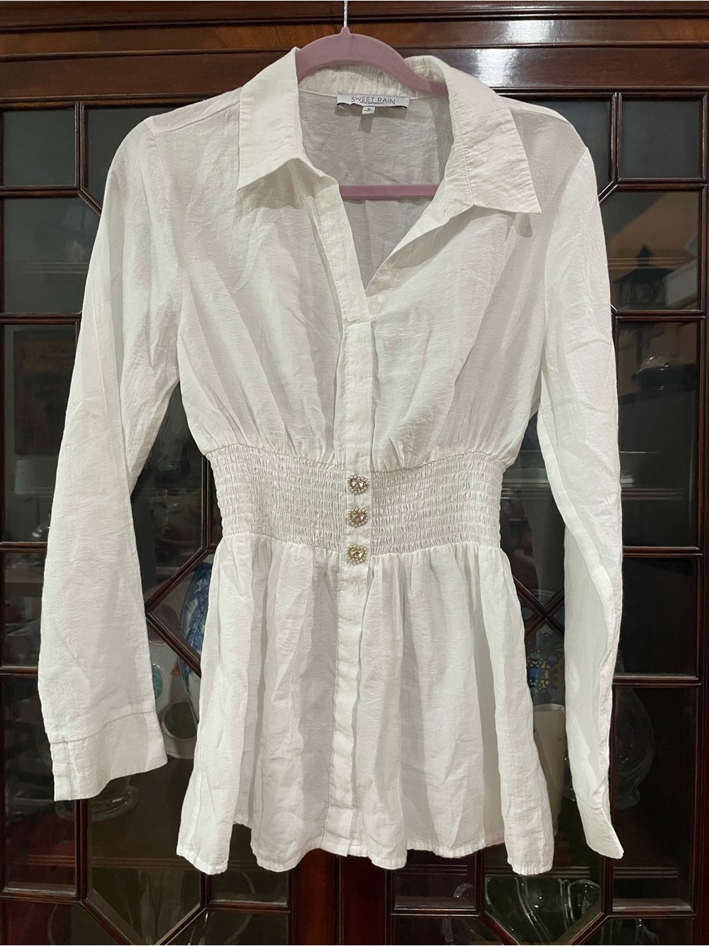 Sweet Rain White Textured Blouse Top Tunic with faux buttons and long sleeves M